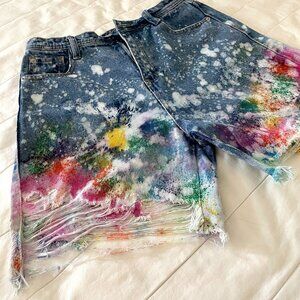 Distressed High Waisted Denim Shorts with Bold Color Splatters Size 8
